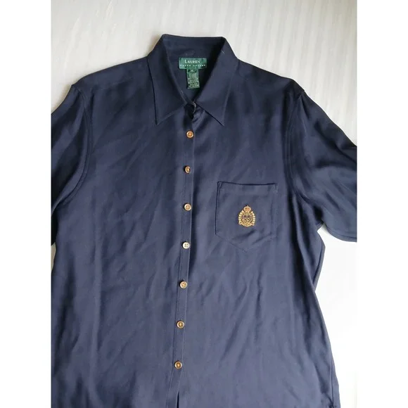 Lauren Ralph Lauren Top 14 / XL Womens Navy Silk Gold Button Crest Old Money New - Picture 2 of 13